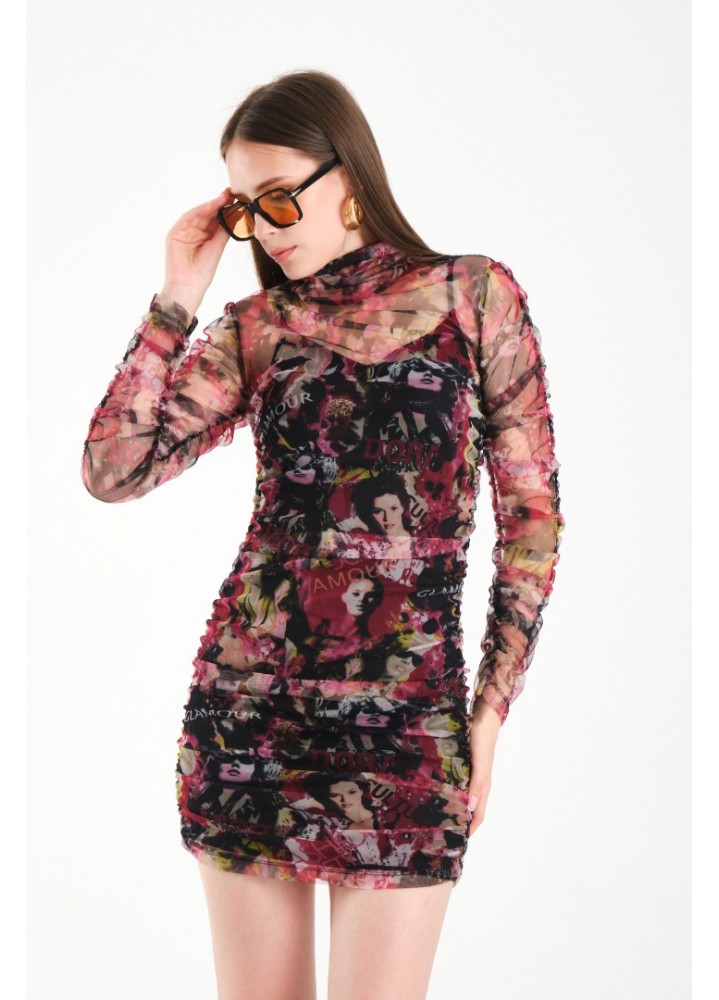 Büzgülü Mini Elbise-Pembe