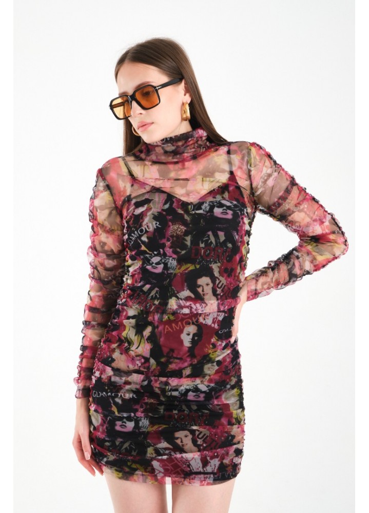 Büzgülü Mini Elbise-Pembe